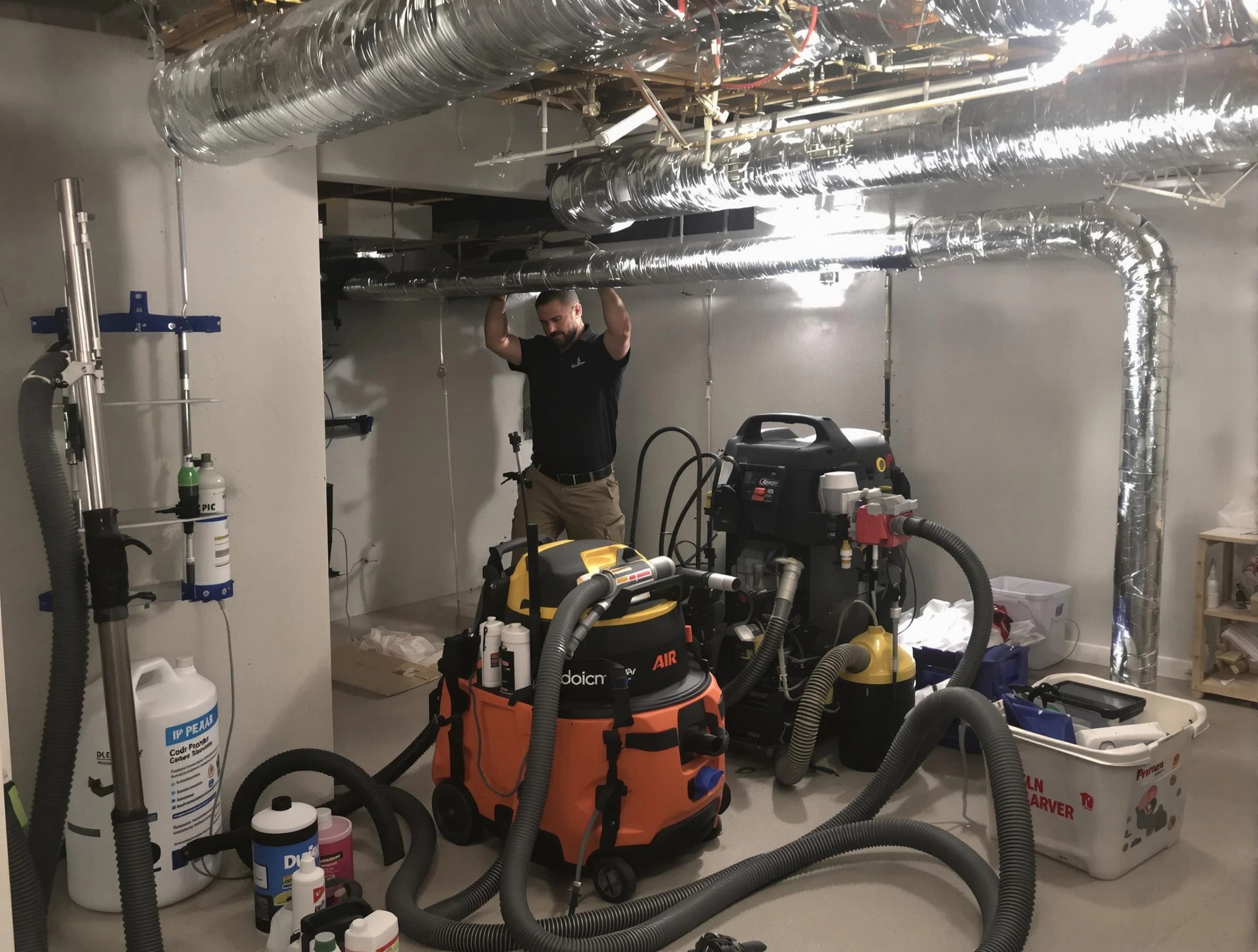 McDonough Air Duct Cleaning specialist performing professional mold removal from air ducts using safety equipment in McDonough