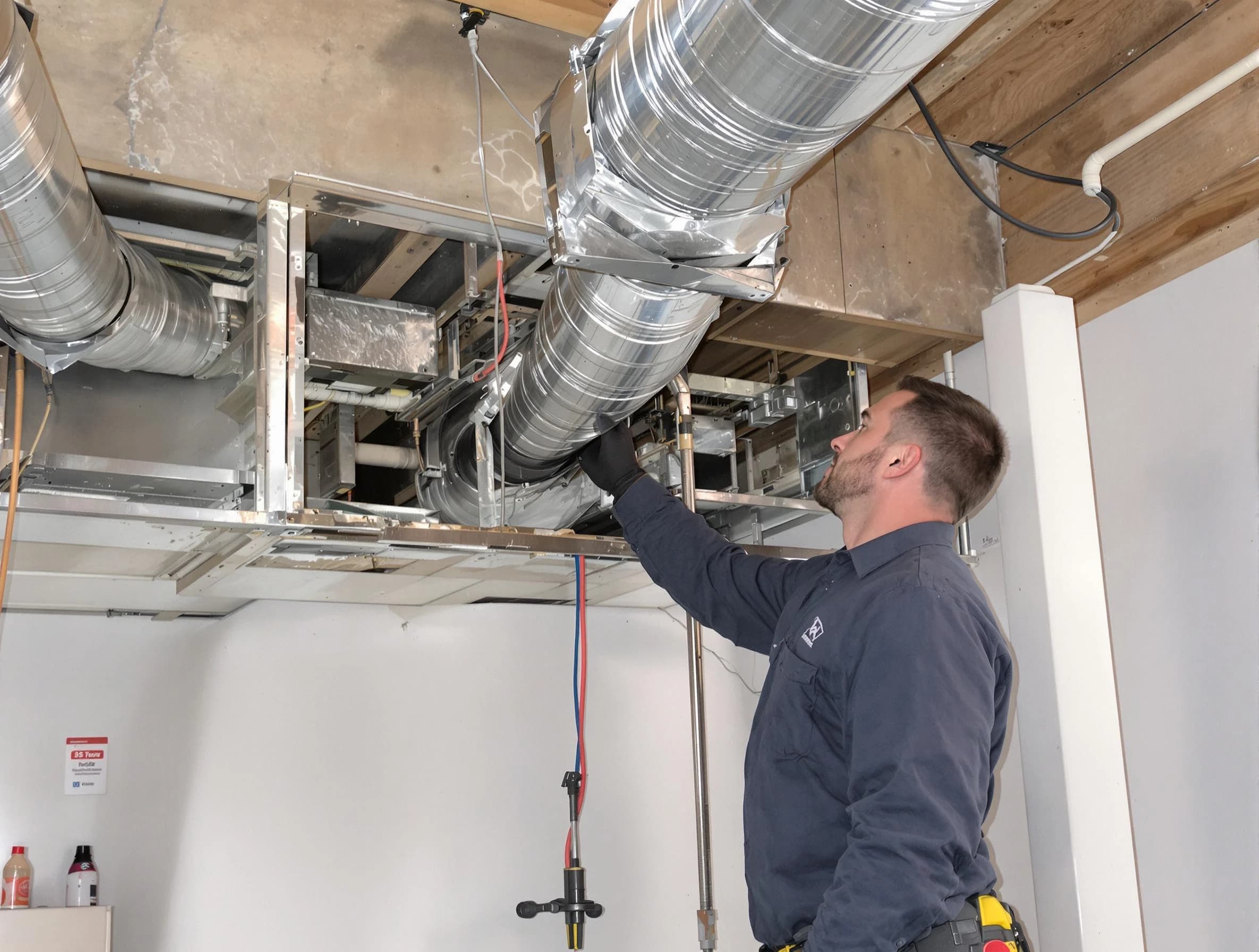 McDonough Air Duct Cleaning technician performing professional air duct repair using specialized tools in McDonough