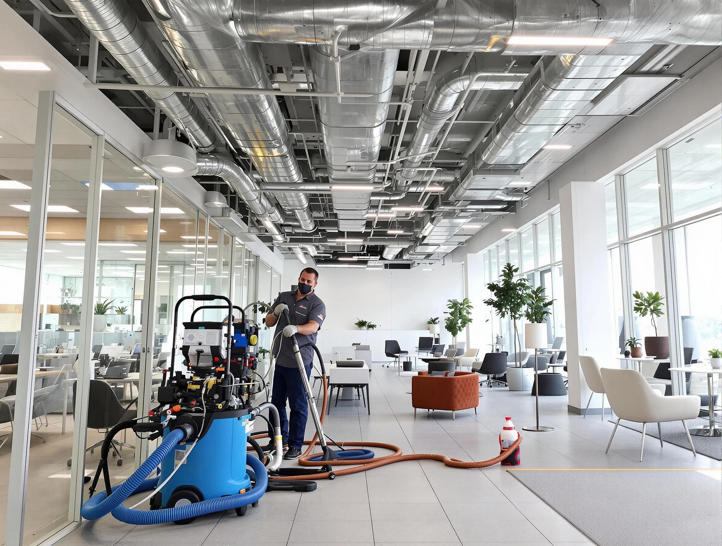 McDonough Air Duct Cleaning team conducting comprehensive commercial duct cleaning at a business location in McDonough